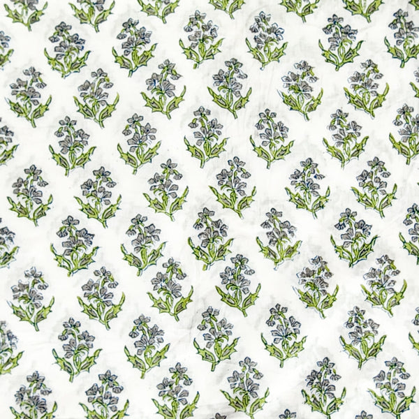 (PRE-CUT 1.95 METER) Pure Cotton Jaipuri White And Green And Grey Flower Motif Hand Block Print Fabric