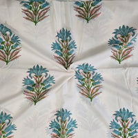 Pure Cotton Jaipuri White And Green Big Flower Plant Motif Hand Block Print Fabric