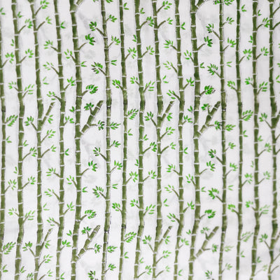 ( Pre-Cut 0.80 Meter ) Pure Cotton Jaipuri White And Green Bomboo Hand Block Print Fabric