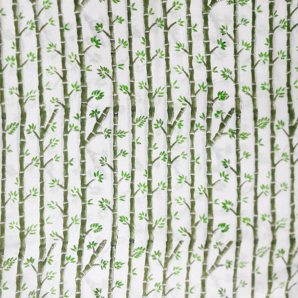 ( Pre-Cut 1.50 Meter ) Pure Cotton Jaipuri White And Green Bomboo Hand Block Print Fabric