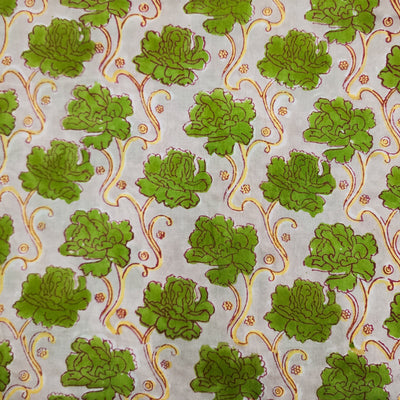 Pure Cotton Jaipuri White And Green Rose Jaal Hand Block Print Fabric