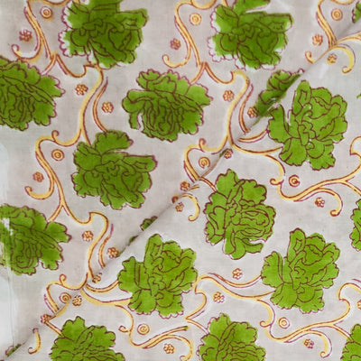 Pure Cotton Jaipuri White And Green Rose Jaal Hand Block Print Fabric