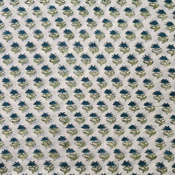 Pure Cotton Jaipuri White And Green Tiny Flower Motif Hand Block Print Fabric