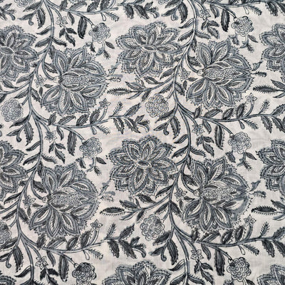 Pure Cotton Jaipuri White And Grey Flower Jaal Hand Block Print Fabric