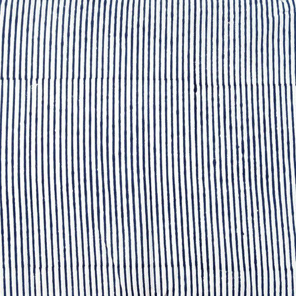 (Pre Cut 1 Meter) Pure Cotton Jaipuri White And Ink Blue Stripes Hand Block Print Fabric