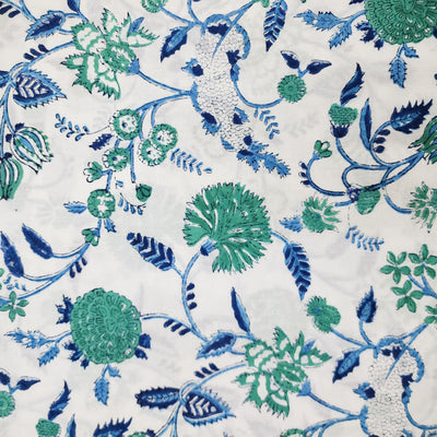 Pure Cotton Jaipuri White And Light Blue And Dark Blue Fruit Flower Jaal Hand Block Print Fabric