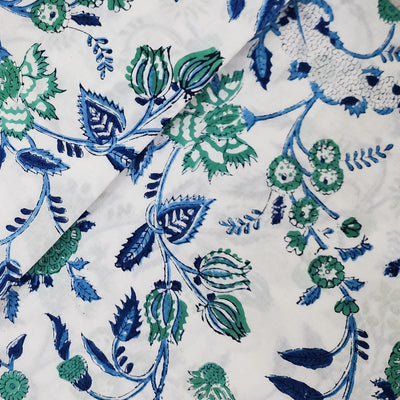Pure Cotton Jaipuri White And Light Blue And Dark Blue Fruit Flower Jaal Hand Block Print Fabric