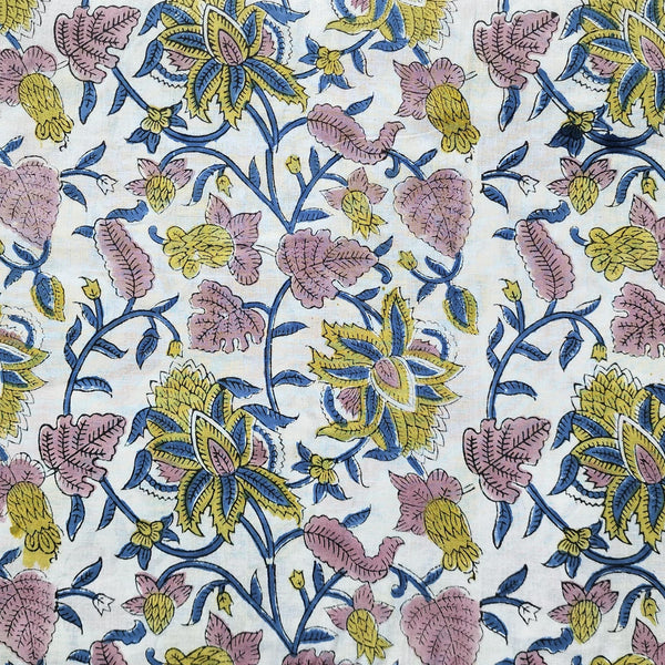 (PRE-CUT 1.45 METER) Pure Cotton Jaipuri White And Light Brown Flower Jaal Hand Block Print Fabric
