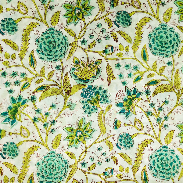 Pure Cotton Jaipuri White And Light Teal Green Jungle Fruit Flower Jaal Hand Block Print Fabric