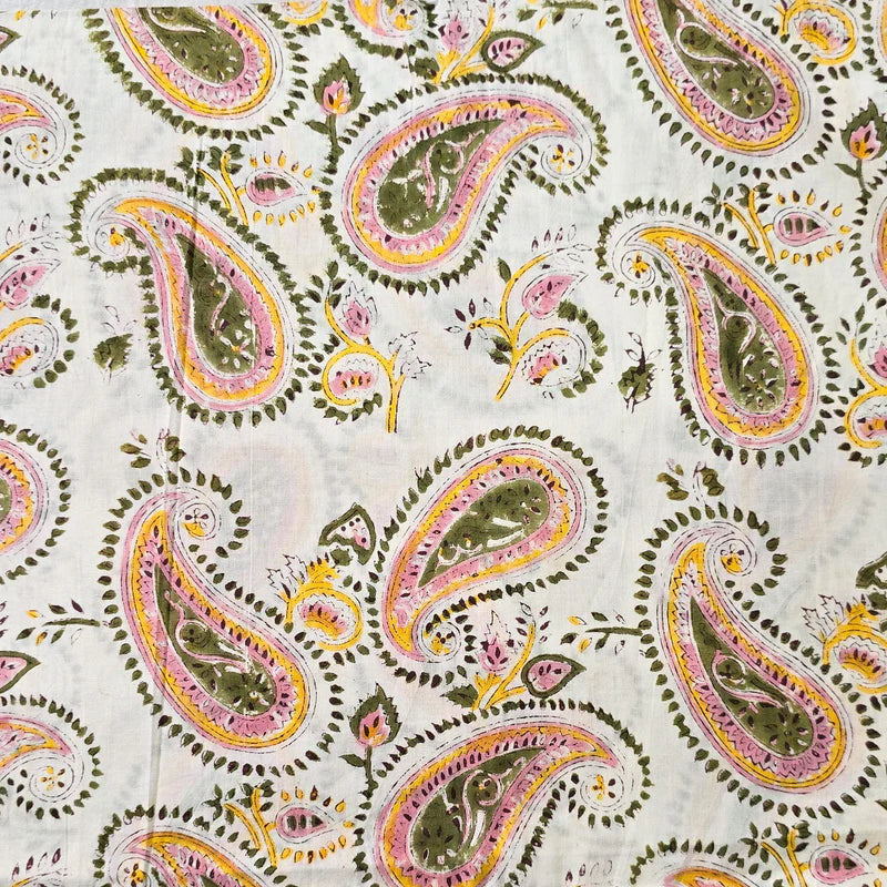 ( PRE-CUT 2.25 METER ) Pure Cotton Jaipuri White And Mehindi Green And ...