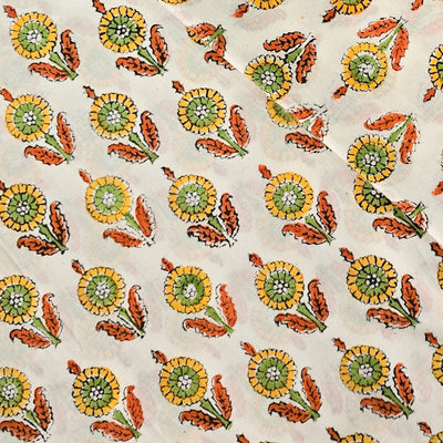 Pure Cotton Jaipuri White And Mustard With Green Flower Buds Motif Hand Block Print Fabric
