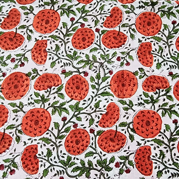 (PRE-CUT 0.80 METER) Pure Cotton Jaipuri White And Orange Flower Jaal Hand Block Print Fabric