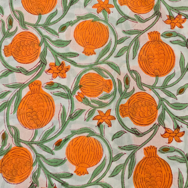 ( Pre-Cut 1.65 Meter ) Pure Cotton Jaipuri White And Orange Pomegranate Fruit Jaal Hand Block Print Fabric