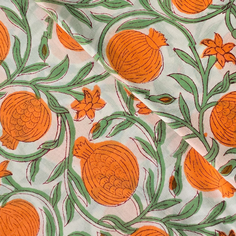 ( Pre-Cut 1.65 Meter ) Pure Cotton Jaipuri White And Orange Pomegranate Fruit Jaal Hand Block Print Fabric