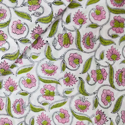 ( Pre-Cut 1.80 Meter )  Pure Cotton Jaipuri White And Pink And Green Jaal Hand Block Print Fabric