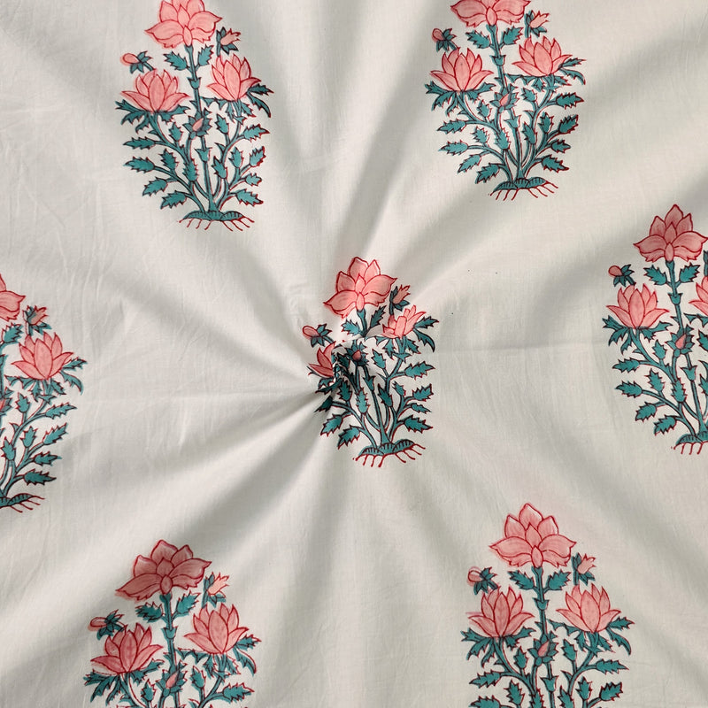 Pure Cotton Jaipuri White And Pink Big Flower Motif Hand Block Print Fabric