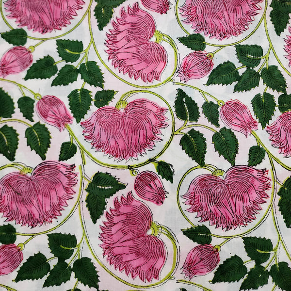 ( Pre-Cut 1.40 Meter ) Pure Cotton Jaipuri White And Pink Wild Flower Jaal Hand Block Print Fabric