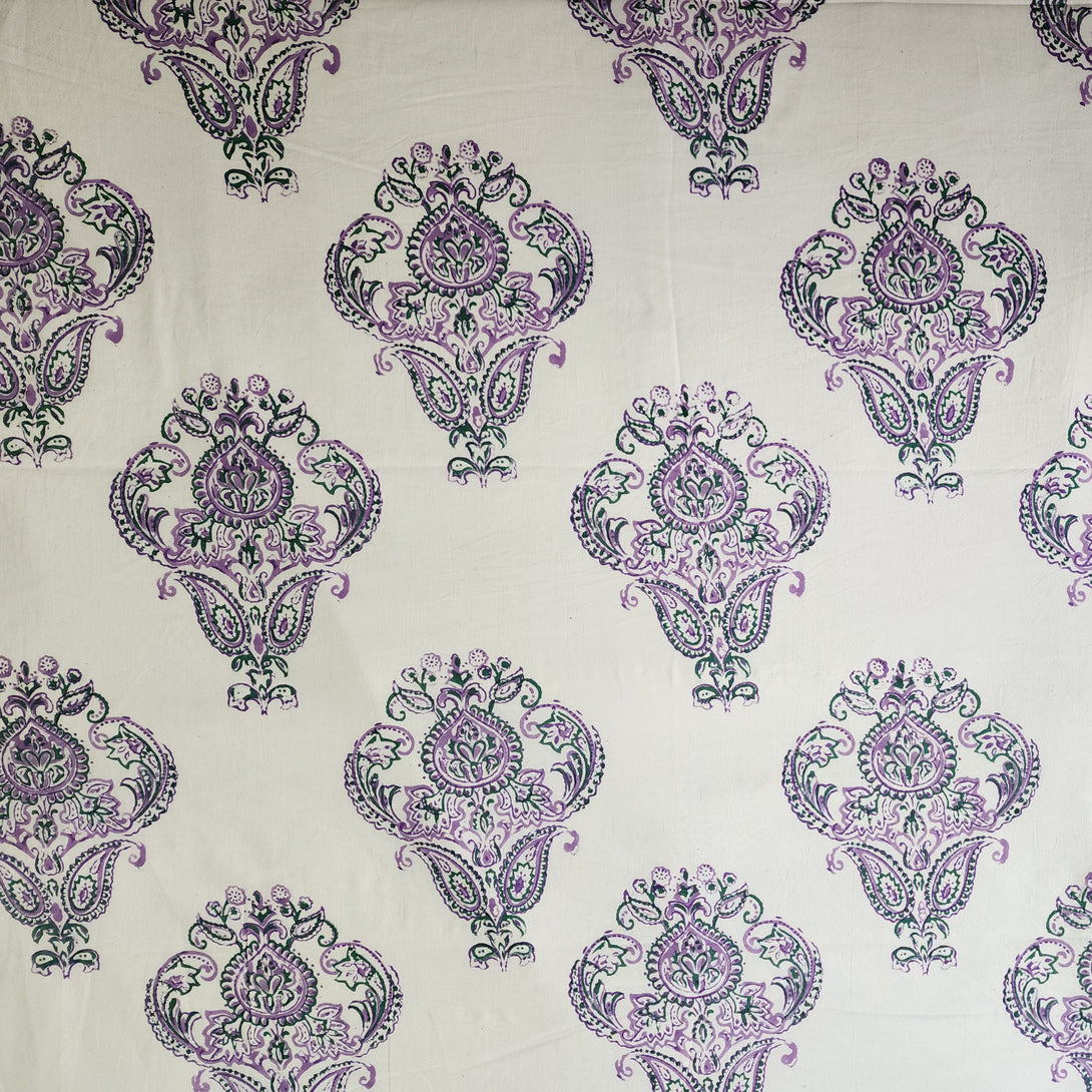 (Pre-Cut 1.80 Meter) Pure Cotton Jaipuri White And Purple Flower Jaal ...