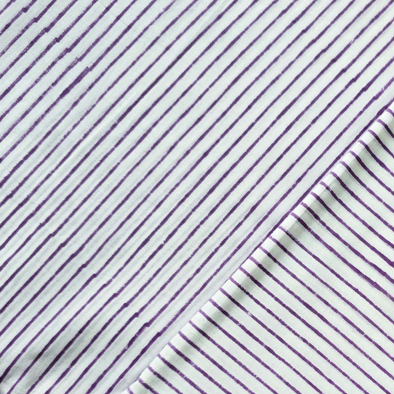 Pure Cotton Jaipuri White And Purple Stripes Hand Block Print Fabric