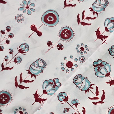 Pure Cotton Jaipuri White And Red And Light Blue Flowers Hand Block Print Fabric