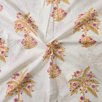 Pure Cotton Jaipuri White And Yellow And Pink Coconut Tree Hand Block Print Fabric