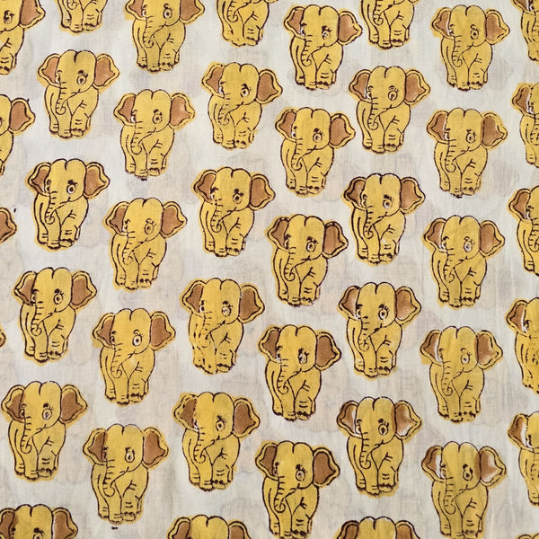 Pure Cotton Jaipuri White And Yellow Elephant Hand Block Print Fabric
