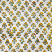 Pure Cotton Jaipuri White And Yellow Flower Buds Motif Hand Block Print Fabric