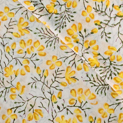 Pure Cotton Jaipuri White And Yellow Flower Jaal Hand Block Print Fabric