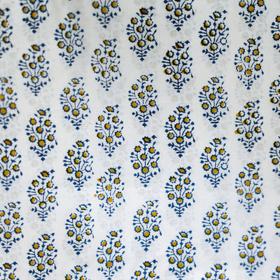 ( Lenght 1.70 Meter ) Pure Cotton Jaipuri White And Yellow With Blue Flower Motifs Hand Block Print Fabric