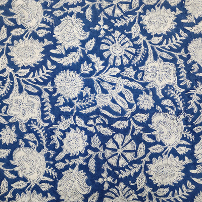 ( Blouse Piece 1 meter) Pure Cotton Jaipuri White Flower Jaal With Blue  Hand Block Print Fabric