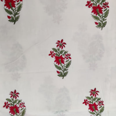 ( Pre-Cut 0.80 Meter ) Pure Cotton Jaipuri White Green And Red Jaipuri Hand Block Print Fabric