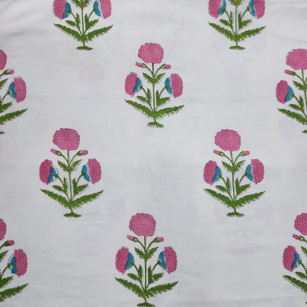 Pure Cotton Jaipuri White With Big Flower Motif Hand Block Print Fabric
