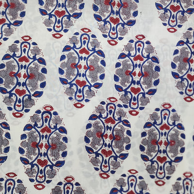 Pure Cotton Jaipuri White With Big Intricate Design Leaves Hand Block Print Fabric