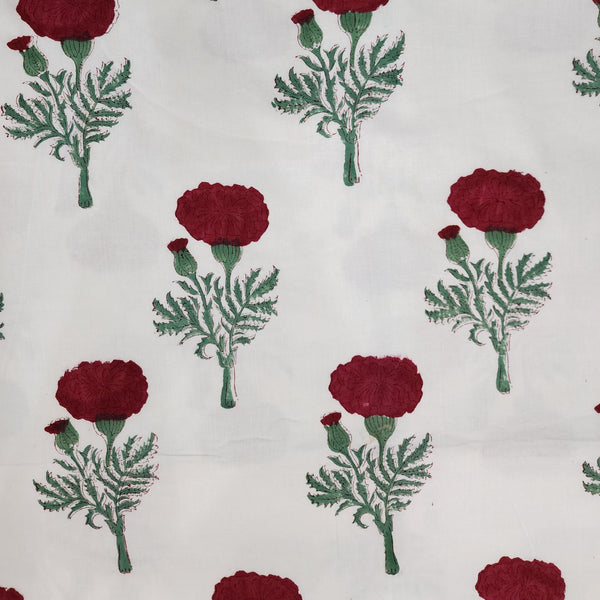 Pure Cotton Jaipuri White With  Big Red Flower Motif Hand Block Print Fabric