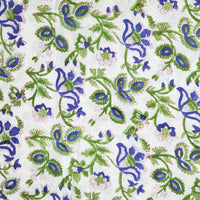 Pure Cotton Jaipuri White With Blue And Green Flower Jaal Hand Block Print Fabric