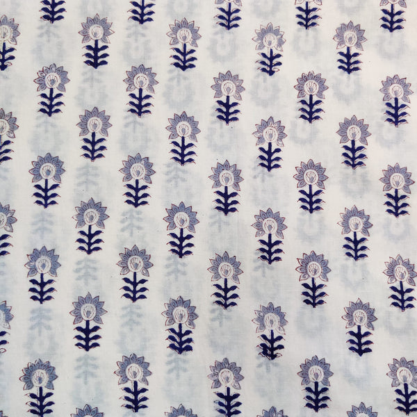 ( Pre-Cut 1.60 Meter ) Pure Cotton Jaipuri White With Blue And Grey Flowers Motifs Hand Block Print Fabric