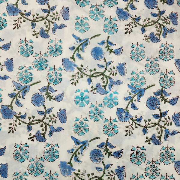 Pure Cotton Jaipuri White With Blue And Light Blue Berry Flower Jaal Hand Block Print Fabric