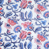 Pure Cotton Jaipuri White With Blue And Pink Flower Jaal Hand Block Print Fabric