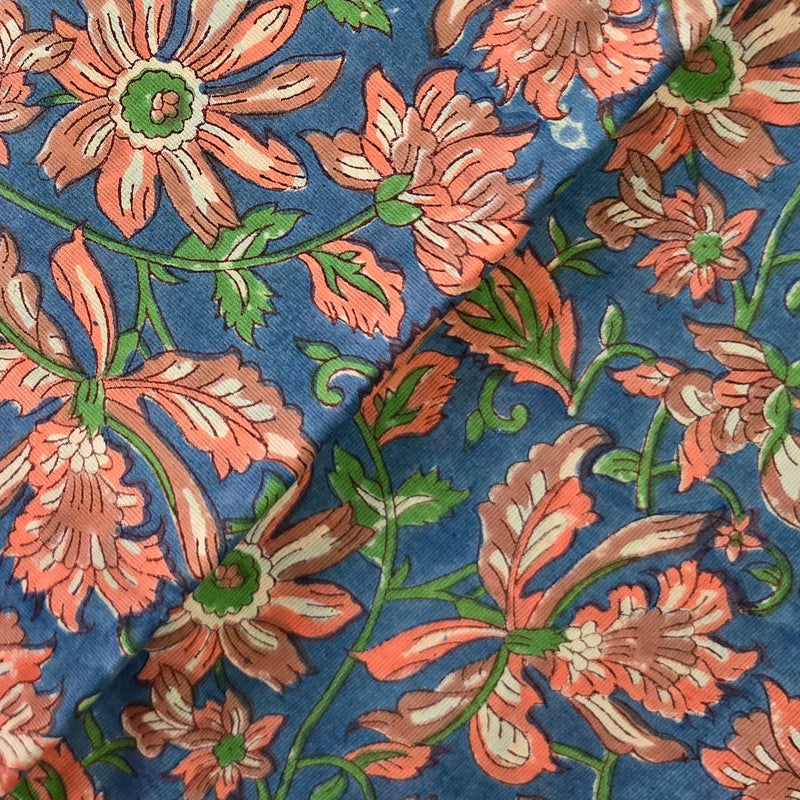 Pure Cotton Jaipuri White With  Blue  And Pink Jungle Wild Flower Jaal Hand Block Pirnt Fabric
