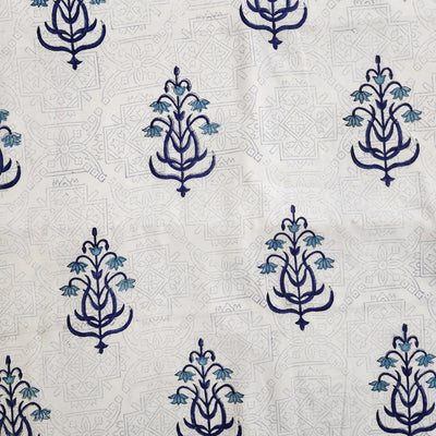 Pure Cotton Jaipuri White With Blue Big Flower Motifs Hand Block Print Fabric