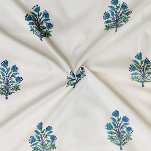 ( Pre-Cut 1.25 Meter )  Pure Cotton Jaipuri White With Blue Big Flowrs Motif Hand Block Print Fabric