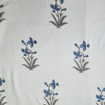 Pure Cotton Jaipuri Pintucks White With Blue Flower Motif Hand Block Print Fabric