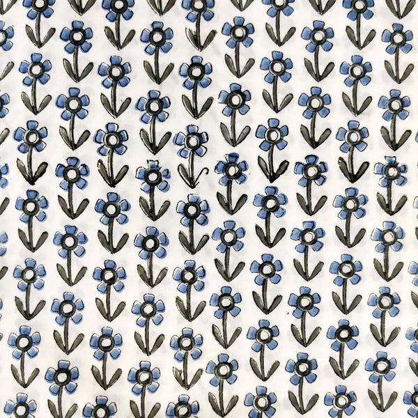 ( Pre-Cut 1.25 Meter ) Pure Cotton Jaipuri White With Blue Flower Motif Hand Block Print Fabric