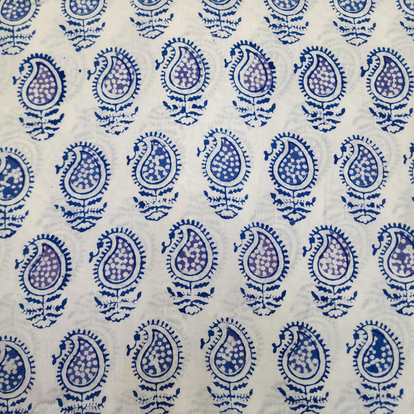 ( Pre-Cut 2.30 Meter )Pure Cotton Jaipuri White With Blue Kairi Hand Block Print Fabric
