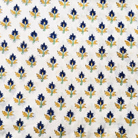 Pure Cotton Jaipuri White With Blue Lily Flower Motif Hand Block Print Fabric