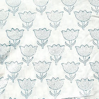 Pure Cotton Jaipuri White With Blue Lotus Flower  Motif Hand Block Print Fabric