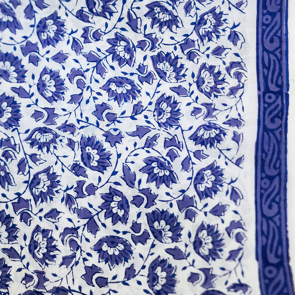 Pure Cotton Jaipuri White With Blue Lotus Jaal Hand Block Print Fabric