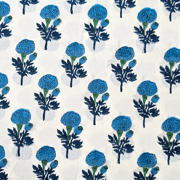 Pure Cotton Jaipuri White With Blue Marigold Flower Motif Hand Block Print Fabric