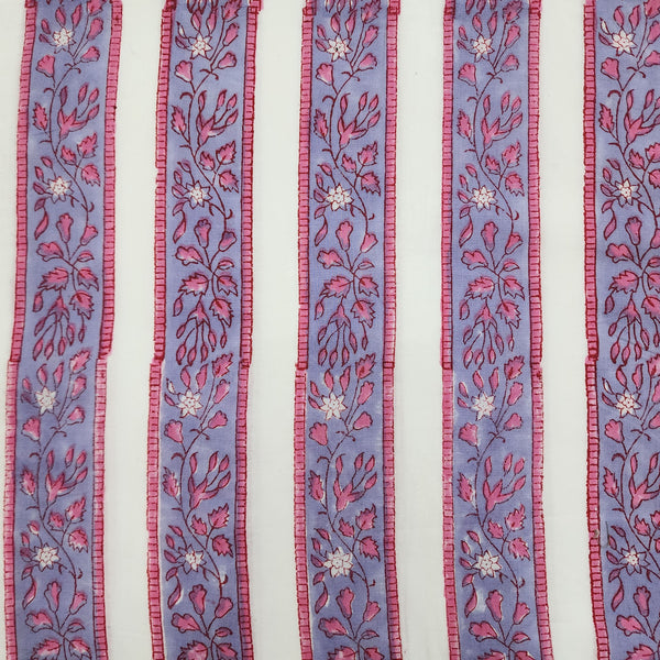 (Pre-Cut 1.10 Meter )Pure Cotton Jaipuri White With Blue Pink Creeper Border Hand Block Print Fabric