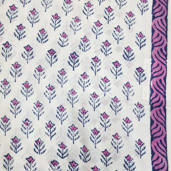 ( Pre-Cut 1.60 Meter ) Pure Cotton Jaipuri White With Blue Pink Grass Hand Block Print Fabric